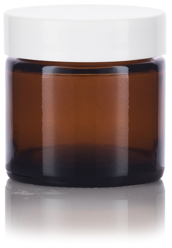 2 oz Amber Glass Straight Sided Jar whit White Smooth Lids (12 Pack)