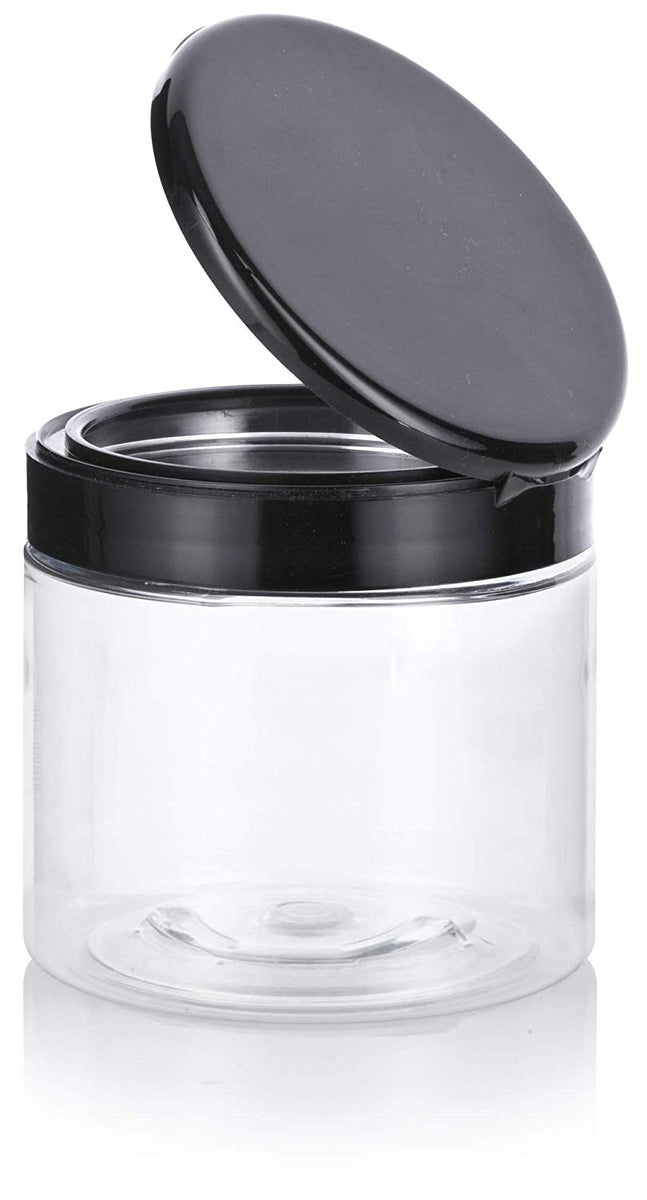 Black Plastic Straight Sided Jar with Natural Clear Flip Top Cap - 16 oz / 480 ml (6 Pack)