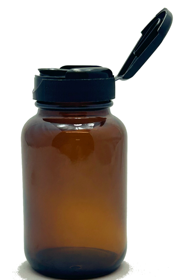 4 oz Amber Glass Packer Bottle with Black Flip Top Cap (12 pack) + Labels