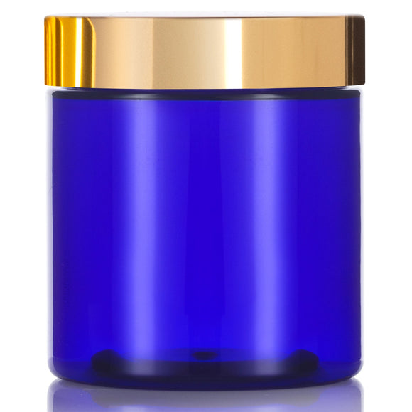 16 oz Cobalt Blue Plastic Straight Sided Jar with Metal Gold Overshell Lid (12 Pack)