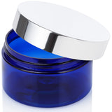 12 oz Cobalt Blue PET Plastic Low Profile Jar with Silver Metal Overshell Lid (12 Pack)