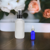 12 PACK - 4 oz Frosted Clear Glass Bottles with Black Treatment Pump and Mini Sample Size 0.5 oz Cobalt Blue Eye Silver Dropper Glass Bottle for Beauty Skincare Oil