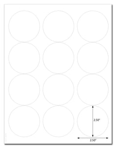 Waterproof White Matte 2.5 Inch Diameter Circle Labels for Laser Printer with Template and Printing Instructions, 5 Sheets,  60 Labels (JC25)