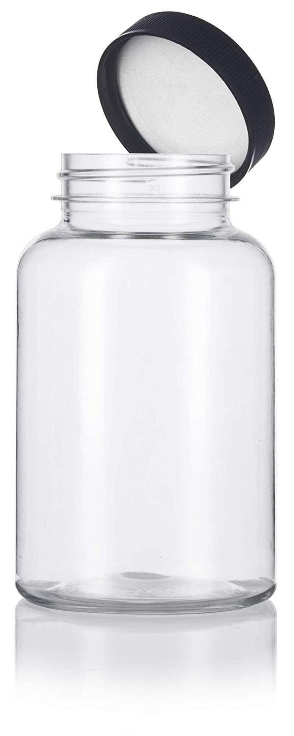 Clear Plastic Wide Mouth Packer Bottle with Black Ribbed Lid - 8 oz / 250 ml