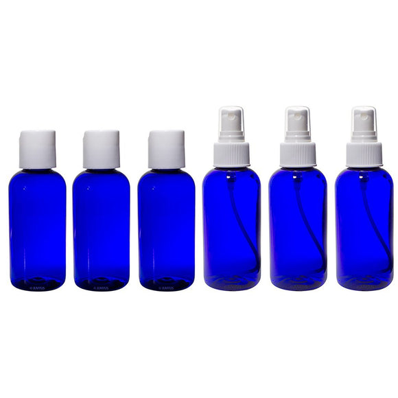 Cobalt Blue PET (BPA Free) Plastic 4 oz Bottle (6 Pack) (Includes 3- 4 oz Fine White Mist Sprays, 3- 4 oz Discs Cap)