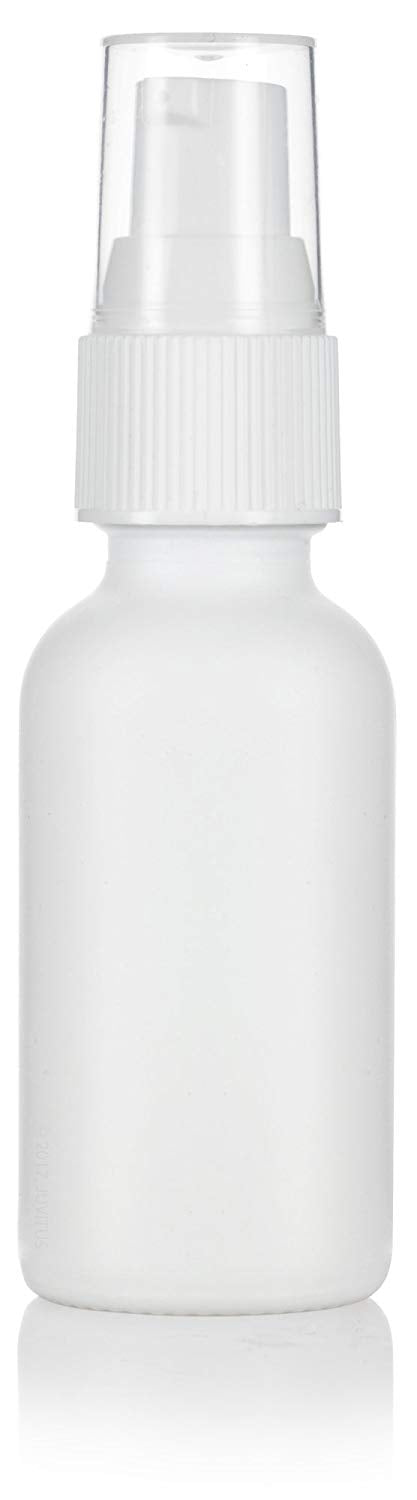 White Glass Boston Round Treatment Pump Bottle with White Top - 1 oz / 30 ml