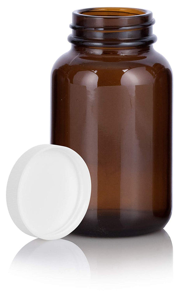 Amber Glass Packer Bottle with White Ribbed Lid - 4 oz / 120 ml