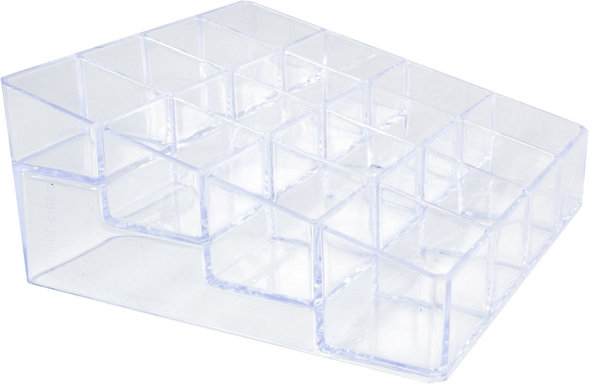 JUVITUS Clear Plastic 16 Compartment Storage Case Organizer for Lipticks, Makeup, and Cosmetics