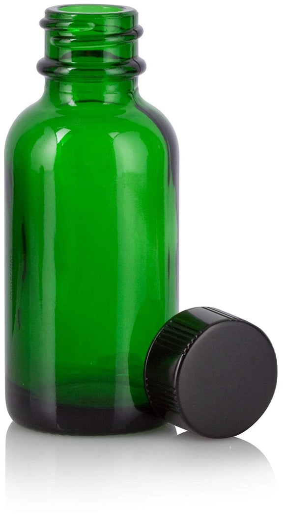 Green Glass Boston Round Bottle with Black Phenolic Cap - 1 oz / 30 ml
