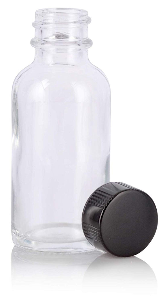 Clear Glass Boston Round Bottle with Black Phenolic Cap - 1 oz / 30 ml