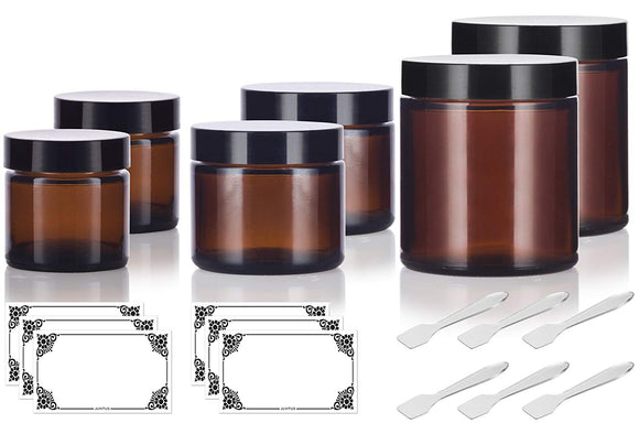 6 piece Amber Glass Straight Sided Jar Multi Size Set : Includes 2-1 oz, 2-2 oz, and 2-4 oz Amber Glass Jars with Black Lids + Spatulas and Labels for Aromatherapy, Essential Oils, Travel and Home