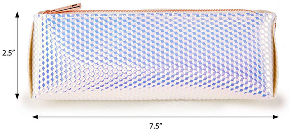Holographic Makeup Brush and Cosmetic Bag Made of Iridescent Pebbled Vegan Faux Leather with Top Zipper (JB75)