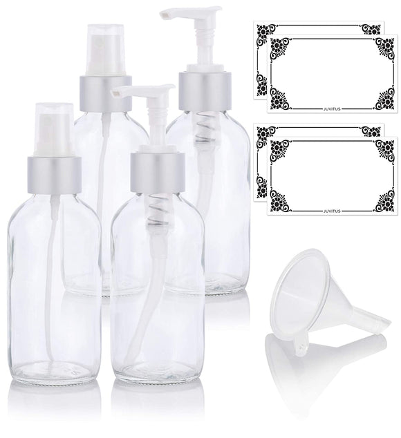 4 oz Clear Glass Boston Round Bottle Silver Metal Lotion Pump and Silver Fine Mist Sprayer