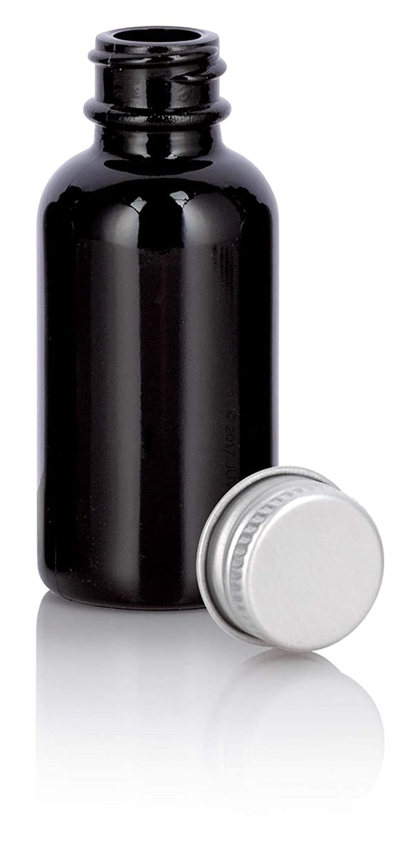 Black Glass Luxury Boston Round Bottle with Silver Metal Screw On Caps (12 Pack)