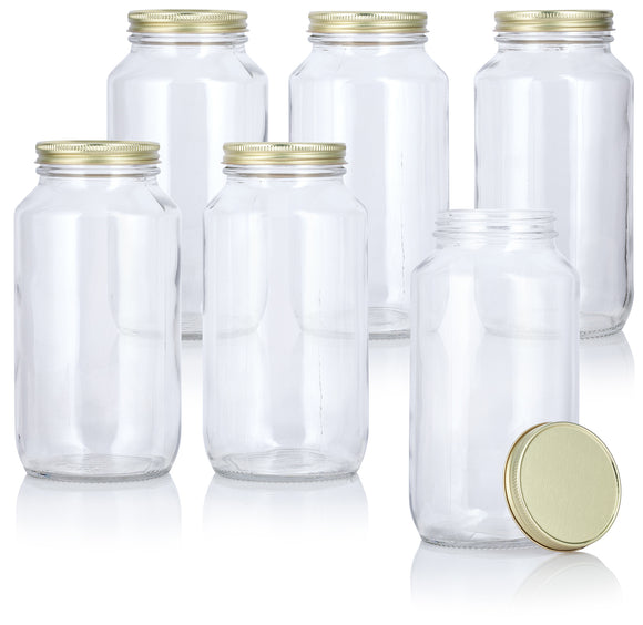 Glass Wide Mouth Candle Clear Jar with Gold Metal Airtight Lid 25.5 oz (6 Pack)