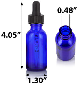 Cobalt Blue Glass Boston Round Dropper Bottle with Graduated Measurement Glass Black Top - 2 oz / 60 ml