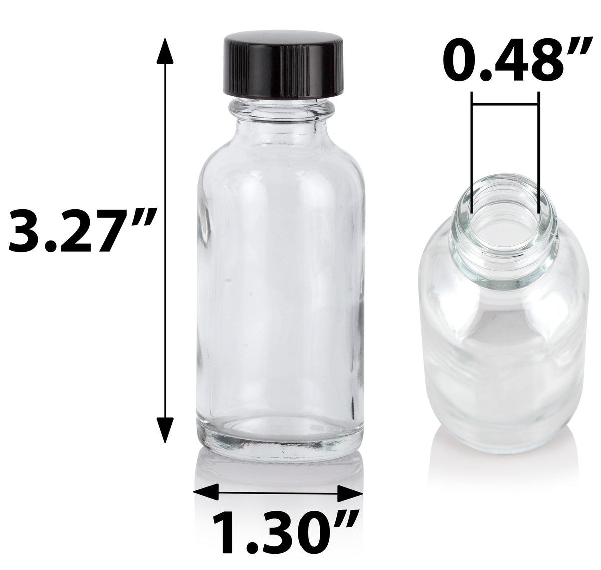 thumbnail interactive-video image 1 of 1 Oz Clear Boston Round Glass Bottles With Poly Cone Lined Black Caps (Single Or Bulk?) 1 of 3