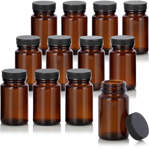 2.5 oz Amber Glass Packer Bottle with Black Ribbed Lid (12 pack)
