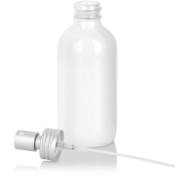 High Shine Gloss White Glass Boston Round Bottle with Matte Silver Metal Aluminum Fine Mist Spray (12 Pack)