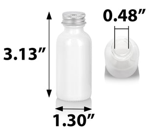 High Shine Gloss White Glass Boston Round Bottle with Silver Metal Screw On Cap (12 Pack)