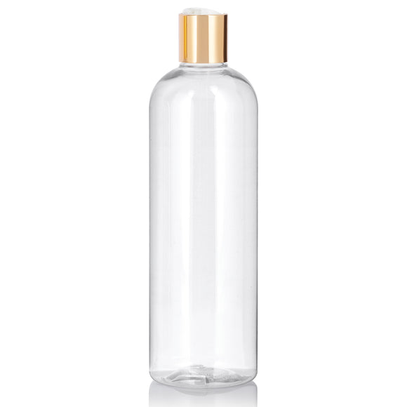 16 oz Clear Plastic PET Slim Cosmo Bottle with Gold Disc Cap (12 Pack)