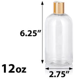 Clear Plastic PET Boston Round Bottle with Gold Disc Cap (12 Pack)