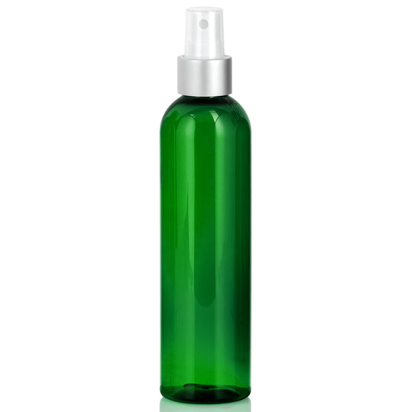 Green Plastic PET Slim Cosmo Bottle with Silver Fine Mist Sprayer - 8 oz (6 Pack)