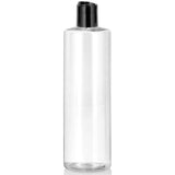 Clear Plastic PET Cylinder Bottle with Black Disc Cap (12 Pack)