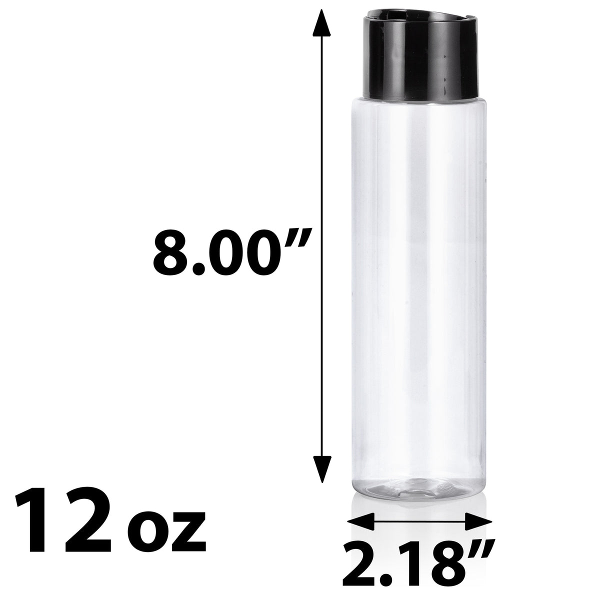 Clear 12 oz / 354 ml Professional Cylinder Pet Plastic Bottles (BPA Free) with Wide Black Disc Cap, Size: 24