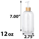 Clear Plastic PET Boston Round Bottle with Gold Lotion Pump (12 Pack)
