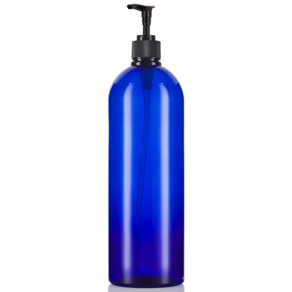 Cobalt Blue Plastic PET Large Slim Cosmo Bottle with Black Lotion Pump - 32 oz (4 Pack)