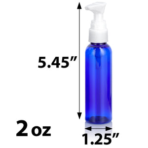 2 oz Cobalt Blue Plastic PET Slim Bottle with White Lotion Pump (12 Pack)