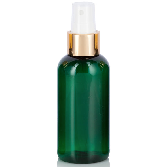 Green Plastic PET Boston Round Bottle with Gold Fine Mist Sprayer - 4 oz (12 Pack)