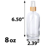 8 oz Clear Boston Round Thick Plated Glass Bottle with Gold Fine Mist Sprayer (6 Pack)