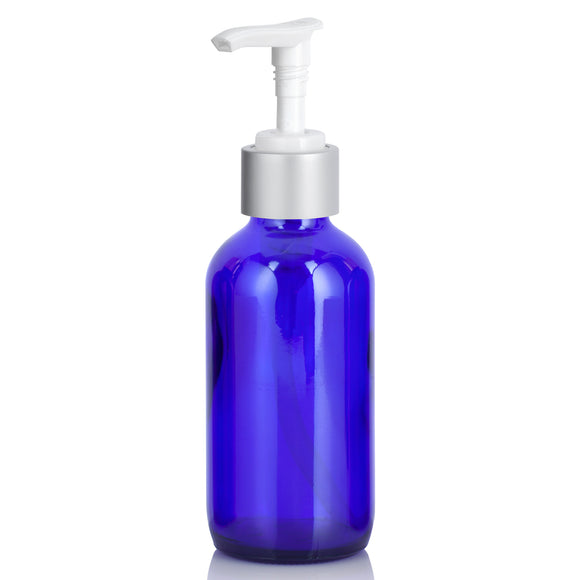 Cobalt Blue Glass Boston Round Bottle with Silver Lotion Pump - 4 oz (12 Pack)