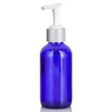 Cobalt Blue Glass Boston Round Bottle with Silver Lotion Pump - 4 oz (12 Pack)