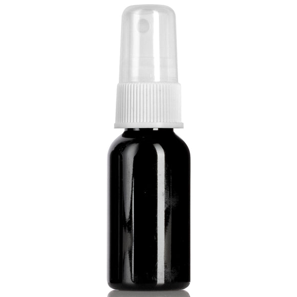 Black Plastic PET Boston Round Bottle with White Mist Sprayer - 1 oz (12 Pack)