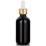 Black Glass Boston Round Bottle with Gold Metal and Glass Dropper (12 Pack)
