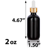 Black Glass Boston Round Bottle with Gold Metal and Glass Dropper (12 Pack)
