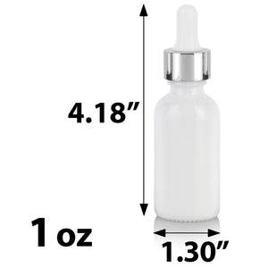 Opal White Glass Boston Round Bottle with Silver Metal and Glass Dropper (12 Pack)