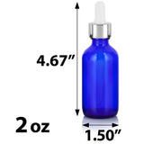 Cobalt Blue Glass Boston Round Bottle with Silver Metal and Glass Dropper (12 Pack)