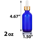 Cobalt Blue Glass Boston Round Bottle with Gold Metal and Glass Dropper (12 Pack)