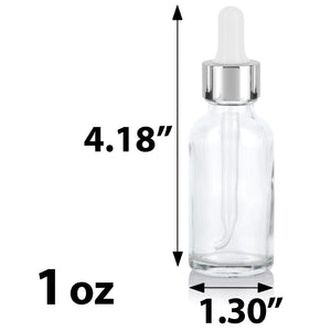 Clear Glass Boston Round Bottle with Silver Metal and Glass Dropper (12 Pack)