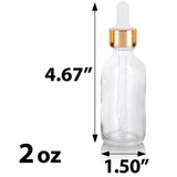 Clear Glass Boston Round Bottle with Gold Metal and Glass Dropper (12 Pack)