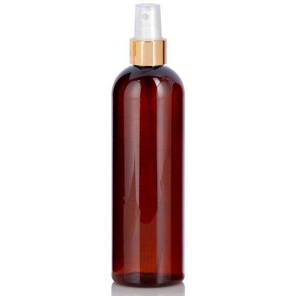 12 oz Amber Plastic PET Slim Cosmo Bottle with Gold Fine Mist Sprayer (12 Pack)