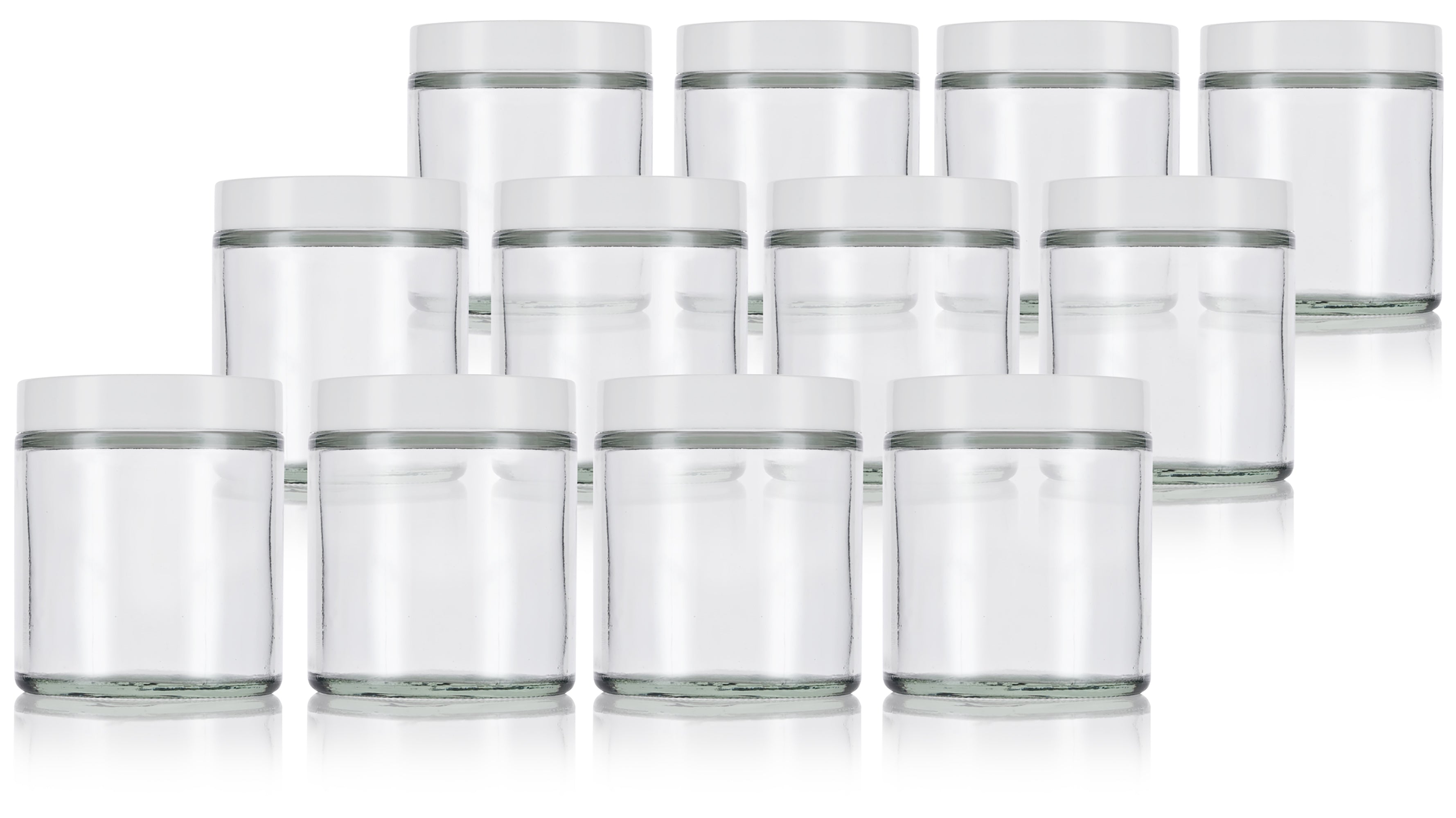 6 oz Clear Glass Jars w/ Lined White Plastic Ribbed Caps