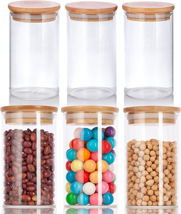 10 oz Clear Glass Tall Borosilicate Jar with Bamboo Lid (6 Pack)