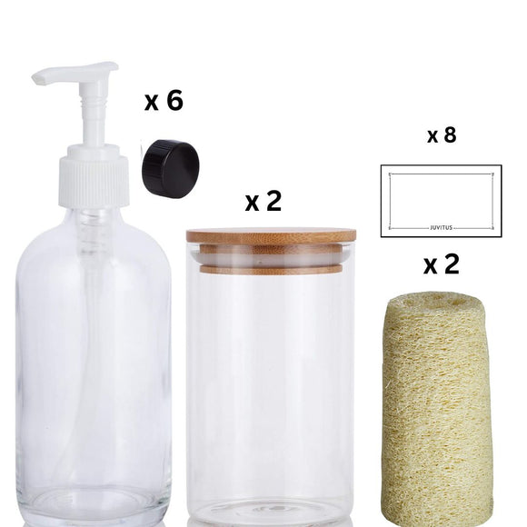 10 Piece Set 16 oz Clear Glass Boston Round Bottles (6) with White Lotion Pump and Phenolic Caps, 16 oz Clear Jars with Bamboo Lids (2), Loofahs (2), Labels (8)