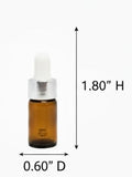 3 ml / 0.10 oz Amber Glass Mini Tiny Size Sample Bottle with Silver Metal and Glass Dropper (50 Pack)