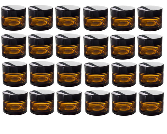 (24 Pack) 1.35 oz Amber Glass Heavy Thick Wall Balm Jars with Black Smooth Lids